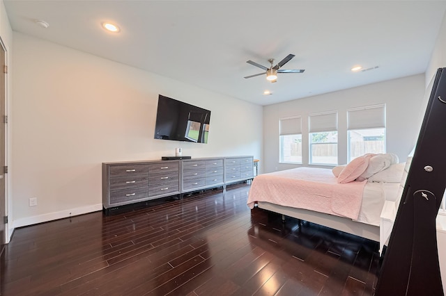 18806 Dove Creek Springs Trl, Cypress, TX 77433 - bedroom with dark wood-type flooring, a ceiling fan, and recessed lighting