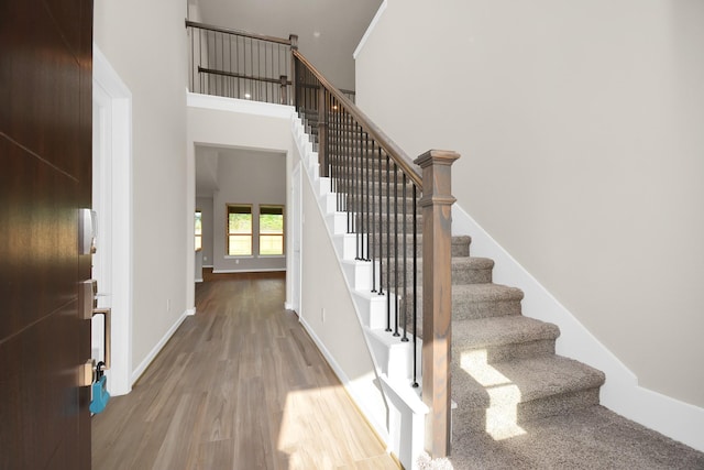 22006 Big Sky Dr, Tomball, TX 77375 - stairway featuring wood finished floors and a high ceiling