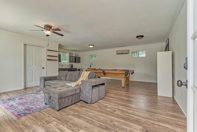 6103 Allentown Dr, Spring, TX 77389 - living area with ceiling fan, ornamental molding, billiards, light wood-type flooring, and an AC wall unit