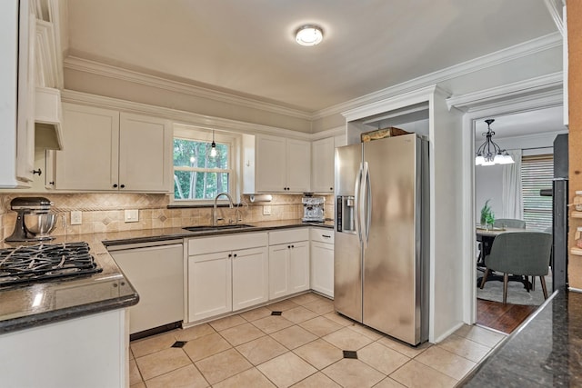 6103 Allentown Dr, Spring, TX 77389 - kitchen featuring stainless steel fridge, dishwasher, crown molding, light tile patterned flooring, and white cabinets