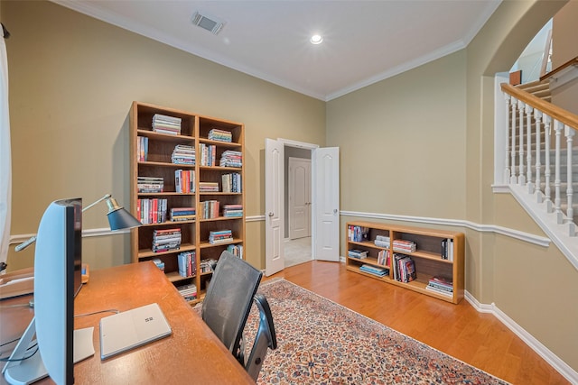 8812 Snowy Owl Loop, Missouri City, TX 77459 - home office with ornamental molding, wood finished floors, and recessed lighting
