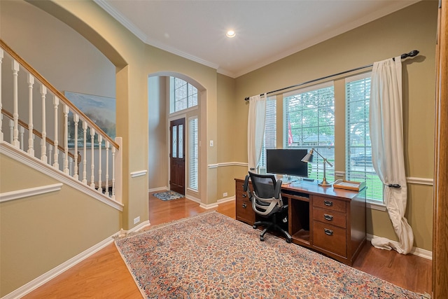 8812 Snowy Owl Loop, Missouri City, TX 77459 - home office with wood finished floors, ornamental molding, arched walkways, and recessed lighting