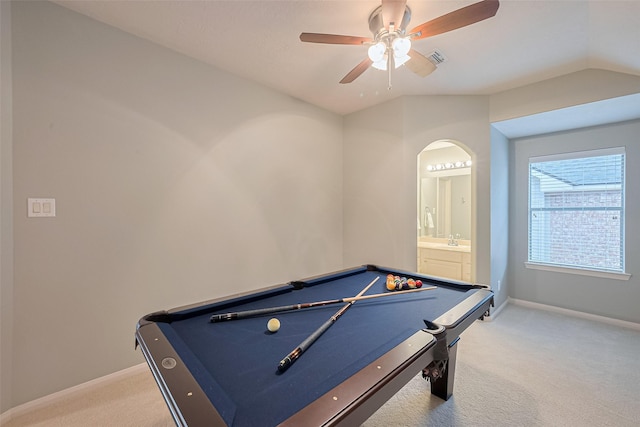 8812 Snowy Owl Loop, Missouri City, TX 77459 - playroom featuring light colored carpet, a ceiling fan, arched walkways, and pool table