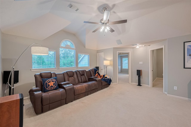 8812 Snowy Owl Loop, Missouri City, TX 77459 - living area with healthy amount of natural light, lofted ceiling, carpet flooring, and ceiling fan