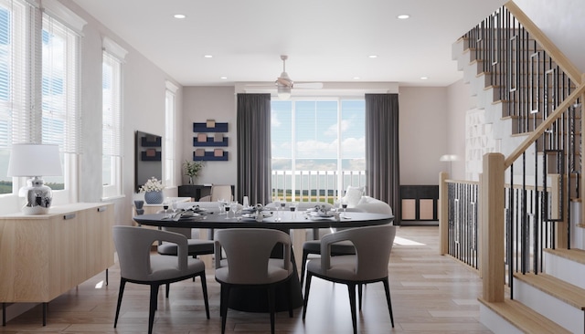 2428 Ella Blvd, Houston, TX 77008 - dining space with stairway, light wood-style flooring, a ceiling fan, healthy amount of natural light, and recessed lighting