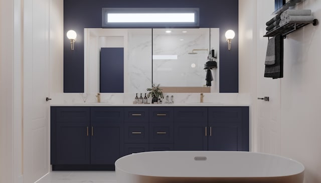 2428 Ella Blvd, Houston, TX 77008 - bathroom with double vanity, a soaking tub, and a marble finish shower