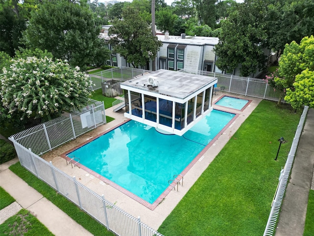 10174 Beekman Place Dr, Houston, TX 77043 - view of swimming pool with a fenced backyard and view of wooded area