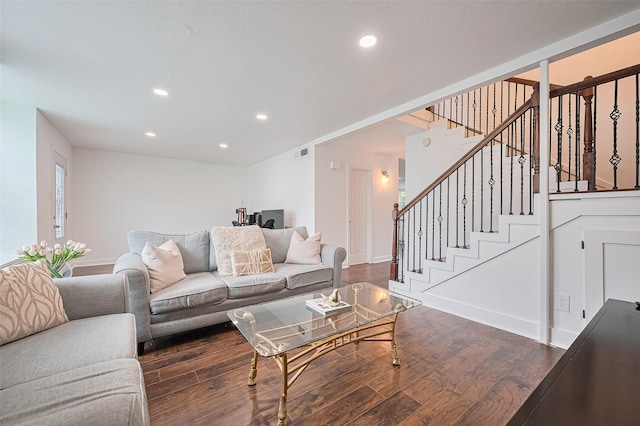 10174 Beekman Place Dr, Houston, TX 77043 - living room featuring dark wood-style floors, stairs, and recessed lighting