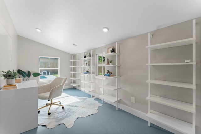 2119 Latexo Dr, Houston, TX 77018 - home office featuring lofted ceiling, concrete floors, and recessed lighting