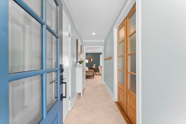 2119 Latexo Dr, Houston, TX 77018 - foyer with french doors, ornamental molding, light tile patterned floors, and recessed lighting