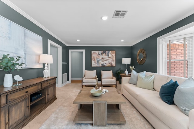 2119 Latexo Dr, Houston, TX 77018 - living room with crown molding, recessed lighting, and light tile patterned flooring