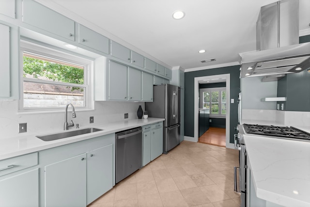 2119 Latexo Dr, Houston, TX 77018 - kitchen featuring stainless steel appliances, ornamental molding, recessed lighting, light tile patterned floors, and open shelves