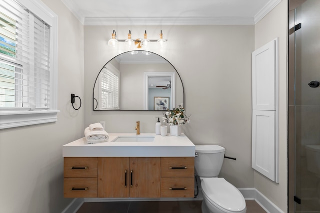 2119 Latexo Dr, Houston, TX 77018 - full bath featuring vanity, a stall shower, ornamental molding, and a ceiling fan