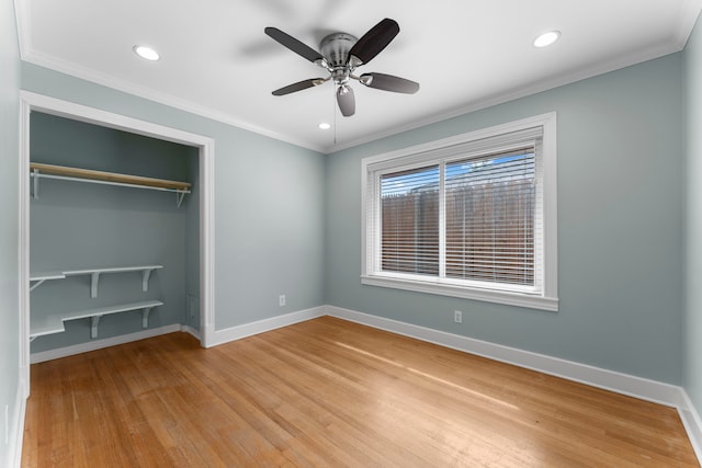 2119 Latexo Dr, Houston, TX 77018 - unfurnished bedroom featuring light wood finished floors, a closet, recessed lighting, crown molding, and a ceiling fan