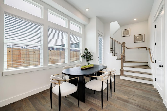 9311 Montridge Dr, Houston, TX 77080 - dining room featuring wood finished floors, stairway, and recessed lighting