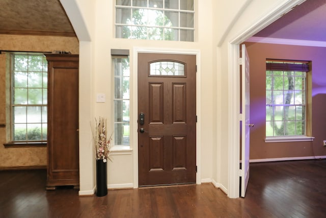 14310 Saint Pierre Ln, Cypress, TX 77429 - foyer entrance featuring dark wood finished floors, arched walkways, and ornamental molding