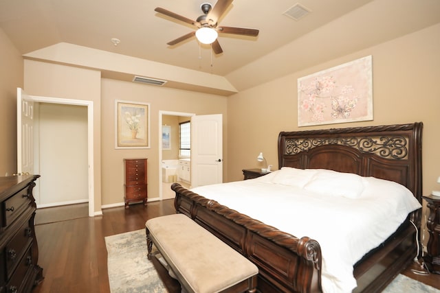 14310 Saint Pierre Ln, Cypress, TX 77429 - bedroom with vaulted ceiling, dark wood-style floors, ensuite bathroom, and ceiling fan