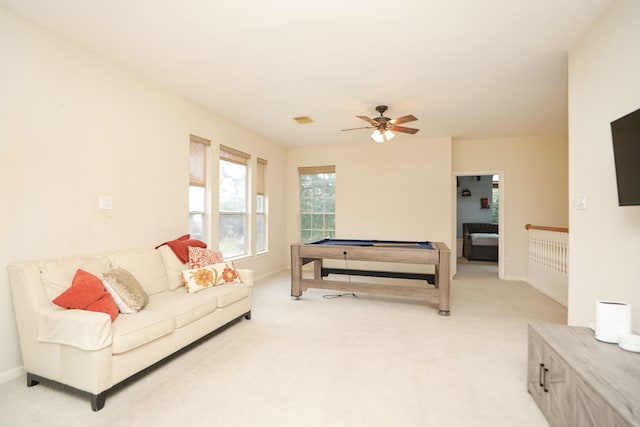 14310 Saint Pierre Ln, Cypress, TX 77429 - living area featuring billiards table, light colored carpet, and a ceiling fan