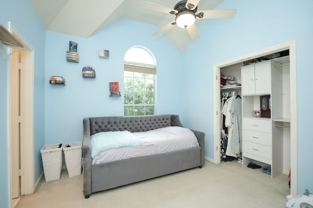 14310 Saint Pierre Ln, Cypress, TX 77429 - bedroom with lofted ceiling, light colored carpet, a closet, and a ceiling fan