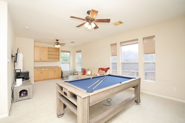 14310 Saint Pierre Ln, Cypress, TX 77429 - game room with light carpet, pool table, and ceiling fan