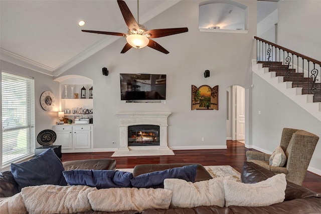 16407 Torry View Ter, Houston, TX 77095 - living room with ceiling fan, high vaulted ceiling, wood finished floors, arched walkways, and a glass covered fireplace