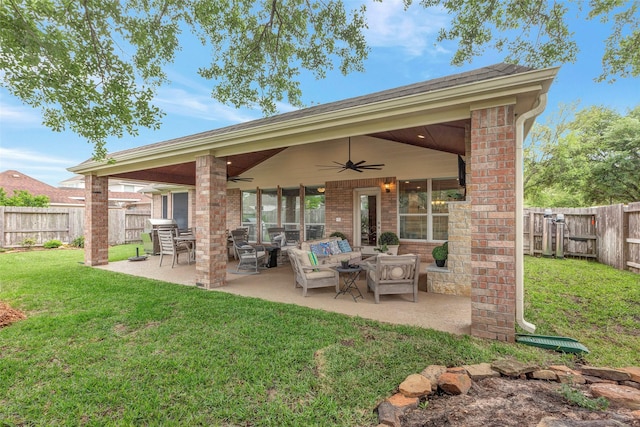 16407 Torry View Ter, Houston, TX 77095 - fenced backyard featuring ceiling fan, a patio area, an outdoor hangout area, and area for grilling