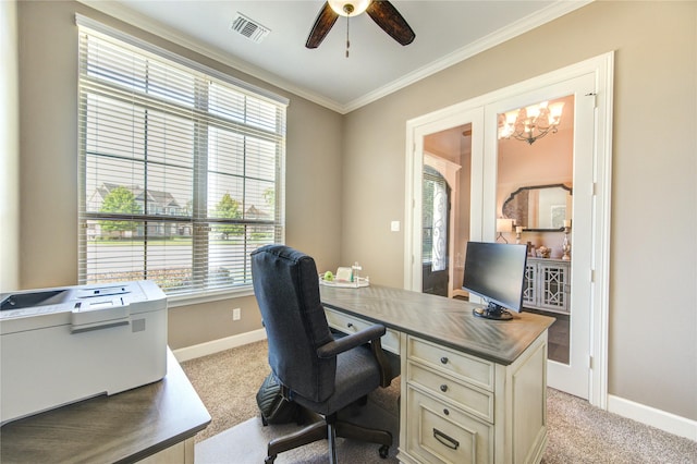 6506 Camillia Ct, Katy, TX 77493 - office area with light colored carpet, ceiling fan, plenty of natural light, crown molding, and a chandelier