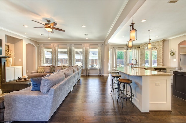 6506 Camillia Ct, Katy, TX 77493 - living area featuring arched walkways, ceiling fan, dark wood finished floors, crown molding, and recessed lighting