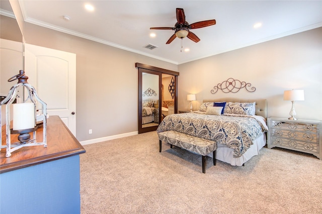 6506 Camillia Ct, Katy, TX 77493 - bedroom with carpet flooring, ornamental molding, recessed lighting, and a ceiling fan