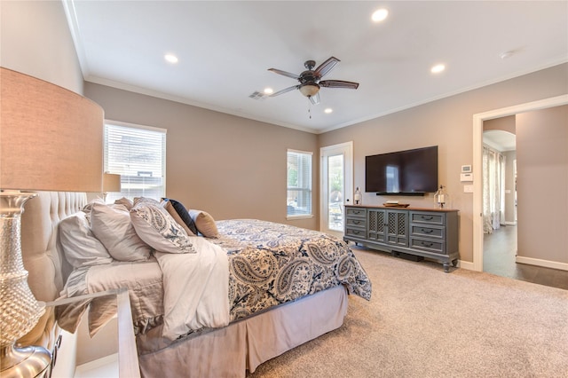 6506 Camillia Ct, Katy, TX 77493 - bedroom with multiple windows, crown molding, recessed lighting, carpet, and ceiling fan