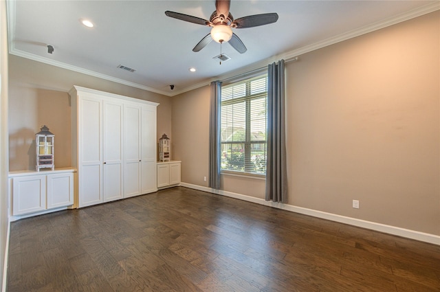 6506 Camillia Ct, Katy, TX 77493 - unfurnished bedroom with dark wood finished floors, crown molding, recessed lighting, and ceiling fan
