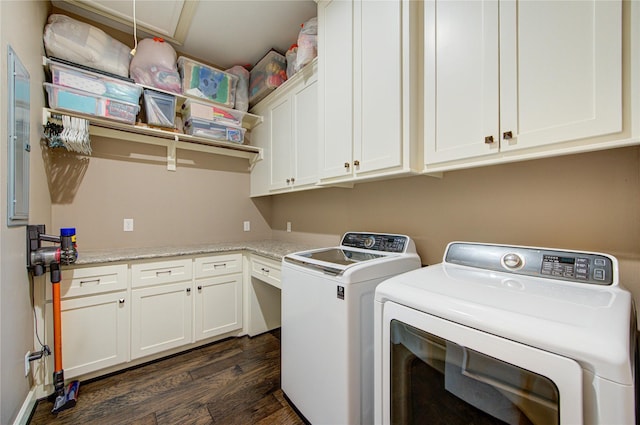 6506 Camillia Ct, Katy, TX 77493 - laundry area featuring cabinet space, dark wood-style floors, washing machine and clothes dryer, and attic access