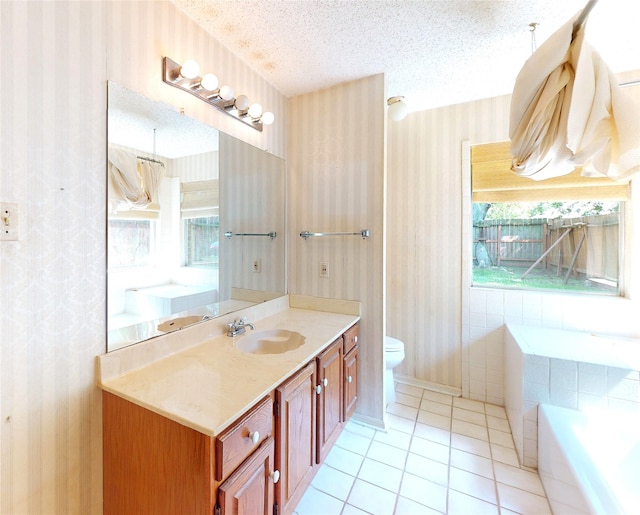 1116 N Bristol Ct, League City, TX 77573 - full bathroom with wallpapered walls, a bath, vanity, tile patterned floors, and a textured ceiling