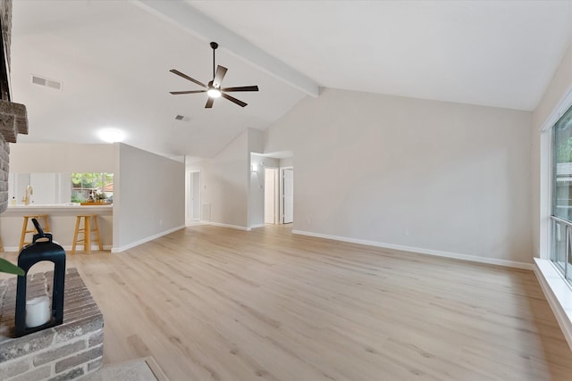 4519 Pineville Ln, Spring, TX 77388 - unfurnished living room with light wood-type flooring, beam ceiling, ceiling fan, plenty of natural light, and high vaulted ceiling