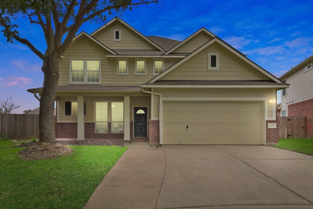 8207 Miramar Crest Ct, Tomball, TX 77375 - view of front facade with brick siding, roof with shingles, concrete driveway, a garage, and a porch