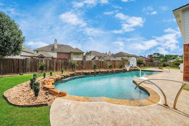 13710 Breezy Meadow Ct, Houston, TX 77044 - view of pool with a fenced backyard, a patio, a storage shed, and a residential view