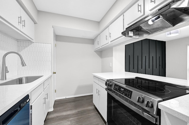 6410 Del Monte Dr Unit 93, Houston, TX 77057 - kitchen with stainless steel electric stove, under cabinet range hood, dishwasher, white cabinets, and dark wood-style floors