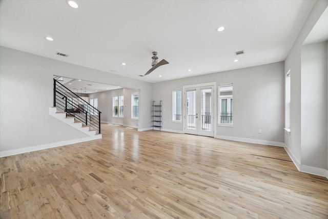 919 W 16th St Unit C, Houston, TX 77008 - unfurnished living room featuring stairway, light wood finished floors, ceiling fan, and recessed lighting