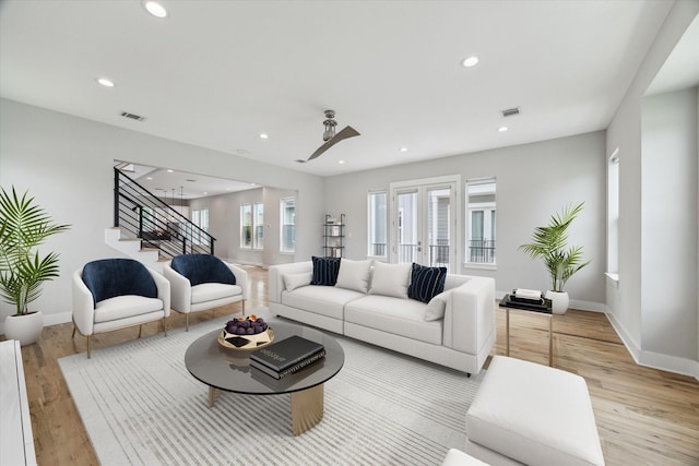 919 W 16th St Unit C, Houston, TX 77008 - living room with stairway, light wood-style floors, recessed lighting, and ceiling fan