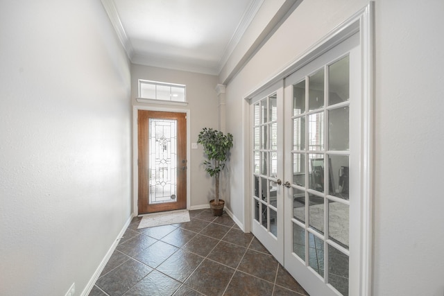 18403 Sierra Falls Ct, Tomball, TX 77377 - entryway with french doors, ornamental molding, and dark tile patterned flooring