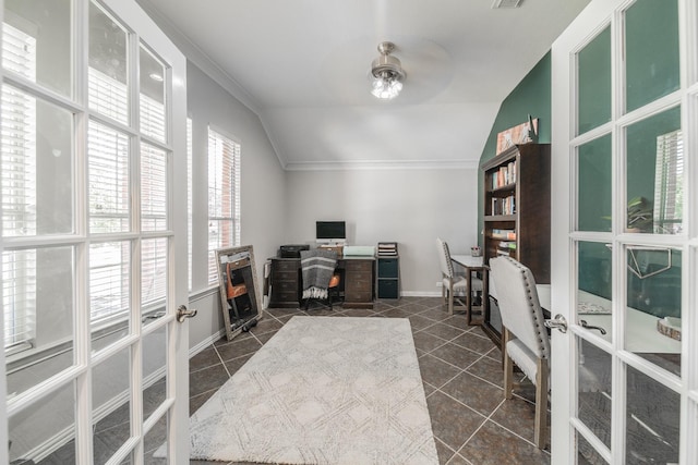 18403 Sierra Falls Ct, Tomball, TX 77377 - office area featuring french doors, vaulted ceiling, ornamental molding, dark tile patterned floors, and a ceiling fan