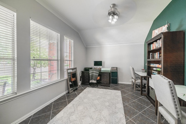 18403 Sierra Falls Ct, Tomball, TX 77377 - office with vaulted ceiling, ceiling fan, crown molding, and dark tile patterned floors