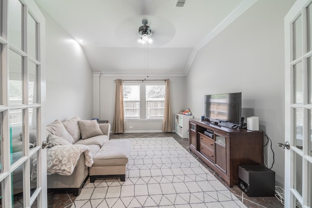 18403 Sierra Falls Ct, Tomball, TX 77377 - living area featuring vaulted ceiling, a ceiling fan, crown molding, french doors, and light tile patterned floors
