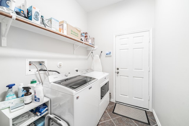 18403 Sierra Falls Ct, Tomball, TX 77377 - laundry area with washing machine and clothes dryer and dark tile patterned floors