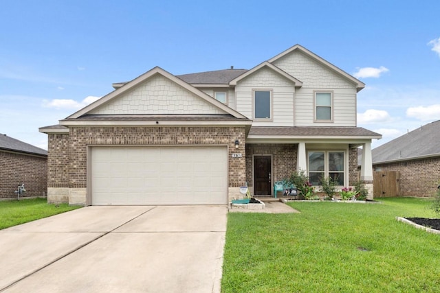 4738 Alluvial Cir, Alvin, TX 77511 - craftsman-style house featuring driveway, a garage, brick siding, and roof with shingles