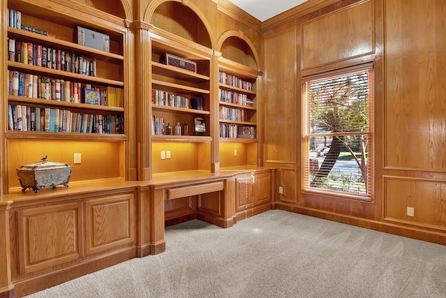 13714 Gainesway Dr, Cypress, TX 77429 - unfurnished office featuring built in study area, carpet flooring, and wood walls