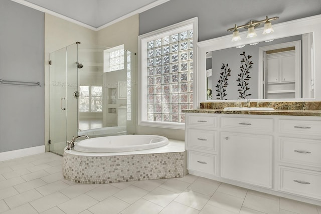 13714 Gainesway Dr, Cypress, TX 77429 - bathroom featuring a bath, vanity, a stall shower, ornamental molding, and tile patterned flooring