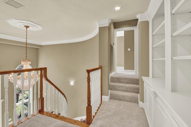 13714 Gainesway Dr, Cypress, TX 77429 - staircase with carpet flooring, crown molding, and recessed lighting