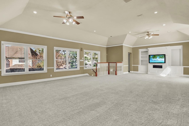 13714 Gainesway Dr, Cypress, TX 77429 - unfurnished living room with lofted ceiling, ceiling fan, carpet flooring, recessed lighting, and crown molding