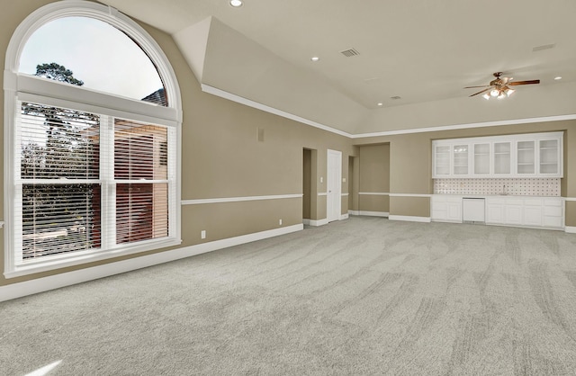 13714 Gainesway Dr, Cypress, TX 77429 - unfurnished living room with lofted ceiling, light colored carpet, ceiling fan, and recessed lighting
